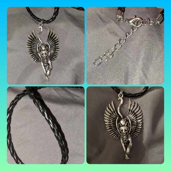 5/$25 Silver egyptian queen cat w wings pendant, leather braided necklace - Picture 2 of 5